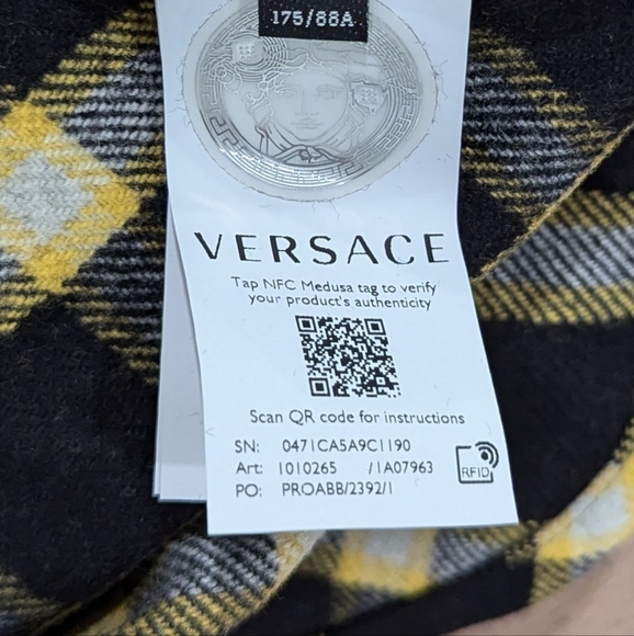 Mens VERSACE Tartan Plaid Flannel Shirt Jacket Black/Gold - Picture 8 of 8